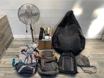 An Icycool 3 speed chrome pedestal fan black beanbag and 2 cartons containing Quechua hiking bags other bags Halfords single flocked airbed artificial potted plant and other household goods