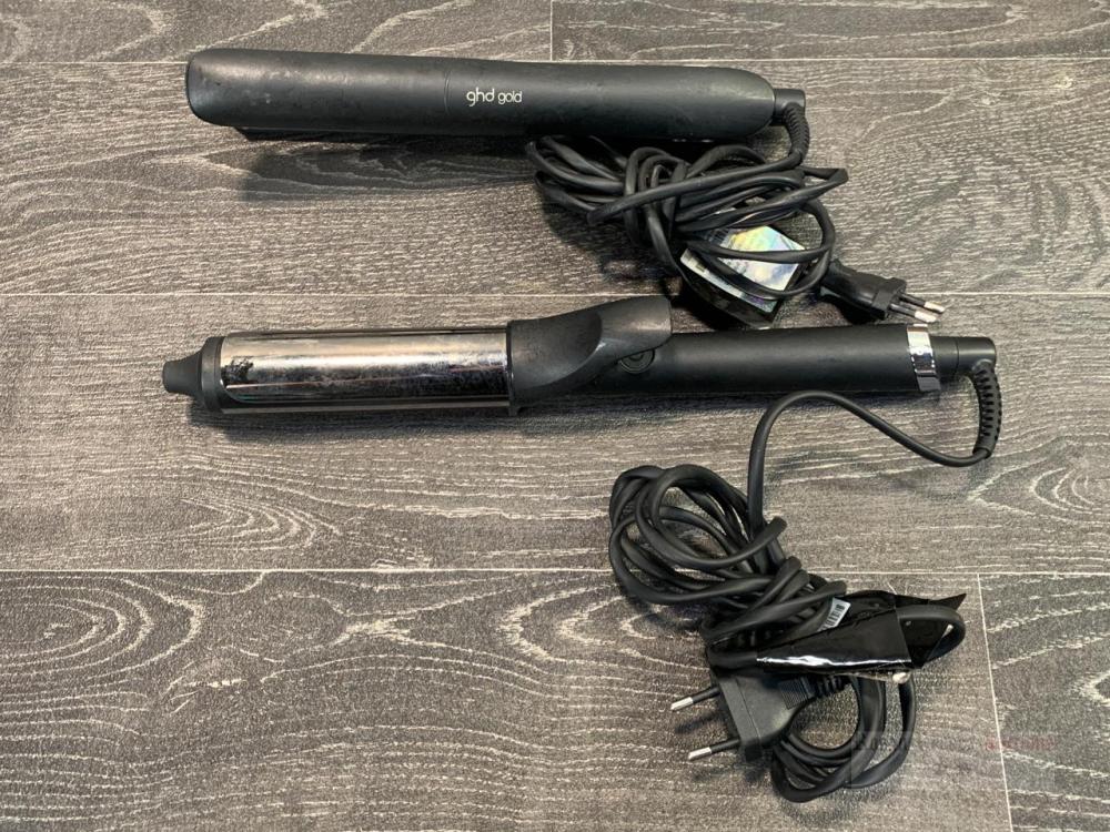 A pair of GHD Jemella CLT321 curved soft curl tong and a pair of GHD Jemella S7N261 hair straighteners NOTE both have 2 prong plugs