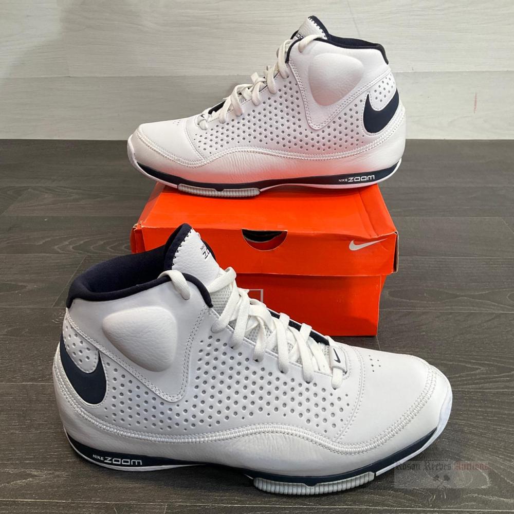 A boxed pair of Nike Zoom BB II white obsidian metallic silver UK 9.5